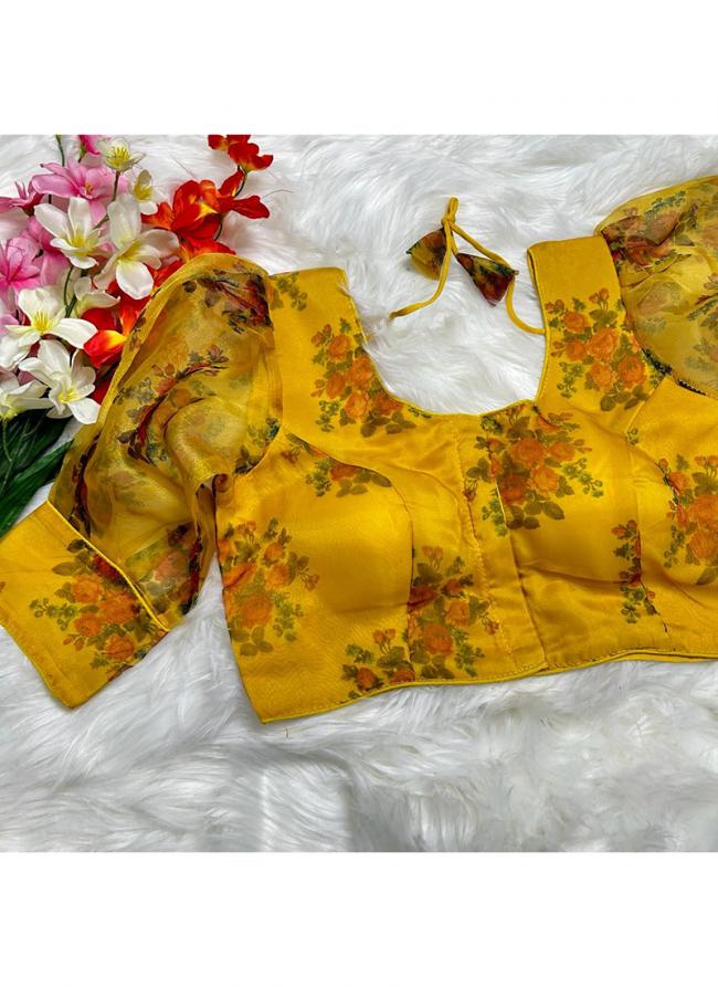 Organza Yellow Party Wear Digital Printed Blouse